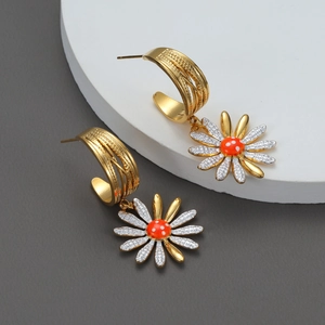Gänseblümchen Blume Ohrhänger 18K Vergoldeter Edelstahl Emaille Floral Elegant Süß Modischer Schmuck Für Frauen
