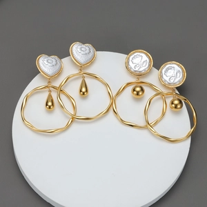 Stainless Steel Drop Earrings 18K Gold Plated Geometric Round Hoop Heart With White Floral Relief Vintage Style For Women