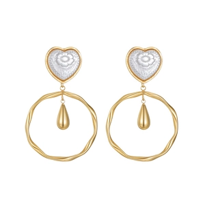 18k gold plated stainless steel heart earrings with floral relief and geometric drop hoops