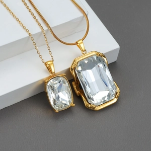 Stainless Steel Rectangle Zircon Pendant Necklace Gold Plated Bold Geometric Luxury Jewelry For Women