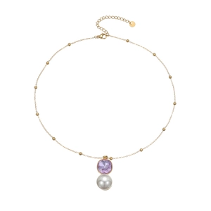 Collier élégant en acier inoxydable avec zircon violet carré et pendentif en perle