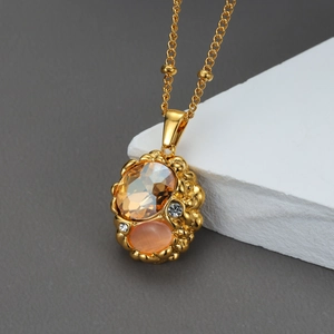 Vintage Anhänger Halskette 18K Vergoldet Edelstahl Bernstein Rosa Edelstein Zirkon Unregelmäßiger Luxus Schmuck Damen