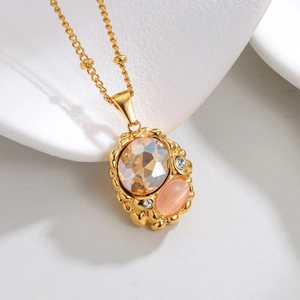 18k vergoldete Edelstahlkette mit bernsteinfarbenem Edelstein und rosa Opal-Anhänger