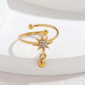 18k gold plated stainless steel open ring with zircon star and polished metal bead