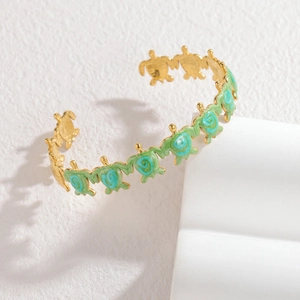 Bracelet jonc ouvert tortue en plaqué or 18k avec émail turquoise pour femmes