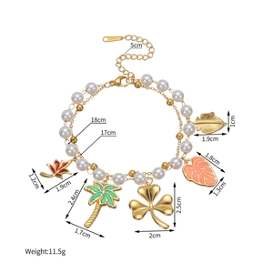 Detail view of 18k gold plated bracelet with pearls and colorful leaf charms dimensions