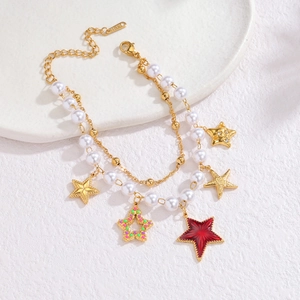Double-layer stainless steel heart pendant bracelet with white pearls and gold stars