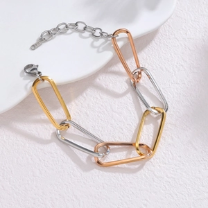 Three-tone geometric chunky stainless steel chain necklace with lobster clasp and extension