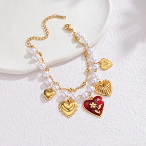 Double-layer 18k gold plated heart charm bracelet with pearls and red enamel accents