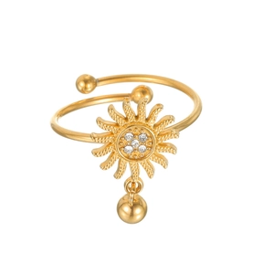 Elegant 18k gold plated sun motif open ring with white zircon and bead drop pendant