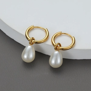 Boucles D'oreilles Créoles Künstliche Perles Goutte D'eau Plaqué Or 14K Acier Inoxydable Bijoux Élégants Pour Femmes