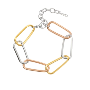 Three-tone stainless steel chunky chain bracelet with gold, rose gold and silver oval links