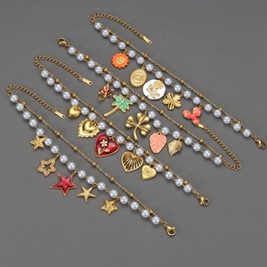 Layered Charm Bracelet Stainless Steel Gold Plated Imitation Artificial Pearl Heart Star Leaf Flower Adjustable Jewelry Women