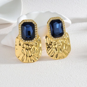 Retro 18k gold hammered earrings with blue rectangle stone and zircon accents