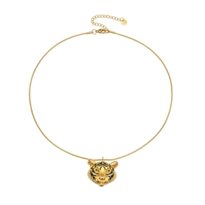 Collier avec pendentif tête de tigre 3D en acier inoxydable doré 18 carats et yeux verts