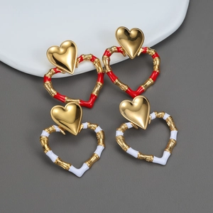 Heart Stud Earrings Stainless Steel 18K Gold Plated Enamel Bamboo Texture Retro Luxury French Style For Women