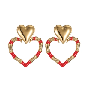 Elegant 18k gold plated hollow heart earrings with red bamboo texture for women