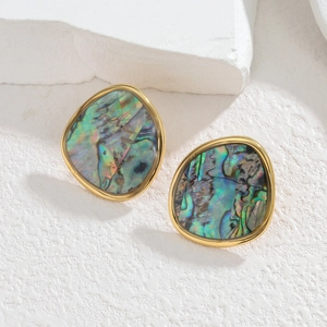 Irregular 18k gold plated stainless steel stud earrings with iridescent abalone shell inlay