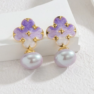 18k gold plated stainless steel clover earrings with purple enamel and iridescent pearl