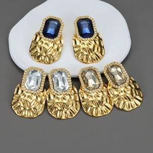 Vintage Large Geometric Rectangle Zircon Drop Earrings Stainless Steel 18K Gold Plated Hammered Metal Statement Jewelry For Women
