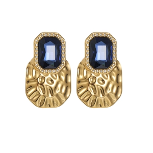 18k gold plated geometric earrings featuring blue rectangular stones and hammered metal