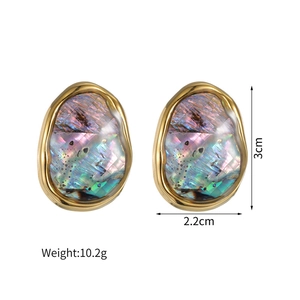 Detail view of oval shell earrings in gold frame with 3cm height and 2.2cm width dimensions