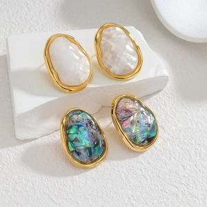 18k gold plated stainless steel oval earrings with pearl and abalone shell inlays