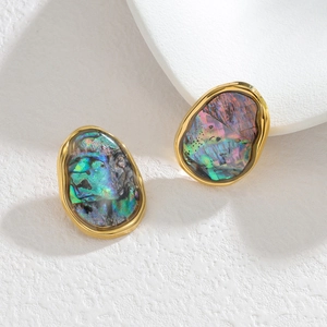 Elegant 18k gold plated oval stud earrings with iridescent abalone shell inlay for women