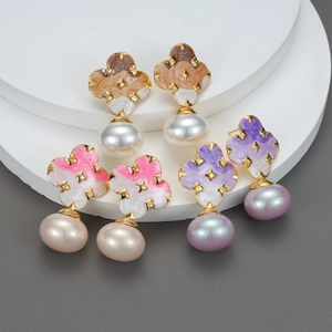 Vintage Clover Artificial Pearl Dangle Earrings For Women Stainless Steel 18K Gold Plated Enamel Floral Marbled Elegant Jewelry