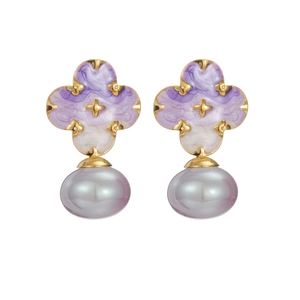 Elegant gold flower earrings with purple enamel petals and iridescent pearl drops