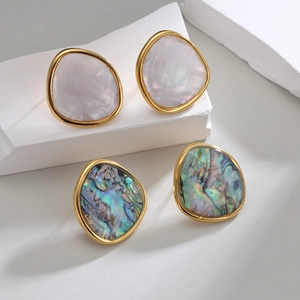 Minimalist 18k gold plated geometric oval earrings with natural shell textures for women