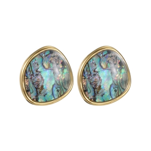 Golden titanium steel stud earrings with iridescent geometric shell inlay on white background