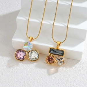 Geometric square zircon pendant necklace in gold stainless steel with snake chain
