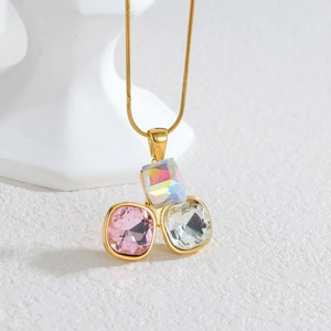 18k gold plated titanium necklace with three colorful square-cut zircon crystals