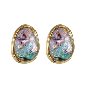 Elegant geometric oval abalone shell stud earrings with 18k gold plated metal frame