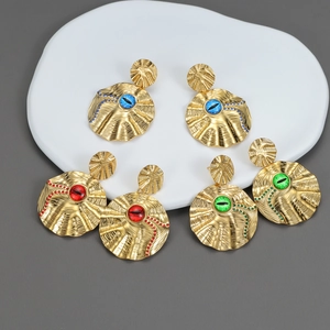 Stainless Steel Hammered Texture Round Disk Dangle Earrings With 18K Gold Plated Colorful Evil Eye Zircon Accent