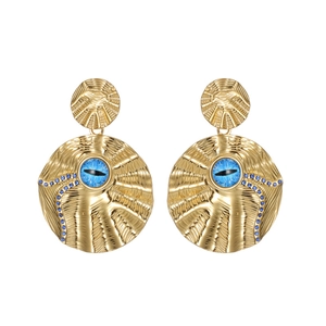 18k gold plated geometric oval earrings with blue evil eye motif and textured finish