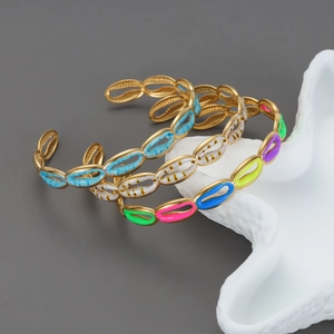 Bracelet Jonc En Acier Inoxydable Émail Coquillage Pour Femmes Doré 18K Style Bohème Bijoux De Mode Vacances