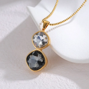 Minimalist gold geometric necklace with transparent and dark grey square zircon pendants