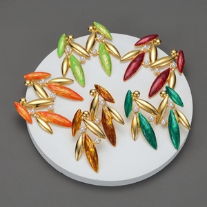 Women's 18K Gold Plated Stainless Steel Leaf Stud Earrings With Faux Artificial Pearls Colorful Enamel Glitter Leaf Earrings Fashion Jewelry