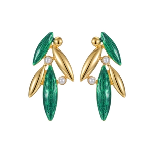 New Chinese style green enamel bamboo leaf earrings with pearls and gold finish