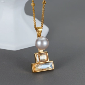 Elegant Pendant Necklace Stainless Steel 18K Gold Plated Faux Artificial Pearl Champagne Rectangular Zircon Geometric Jewelry For Women