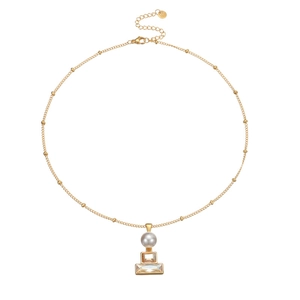 18k gold plated stainless steel bead necklace with geometric crystals and white pearl