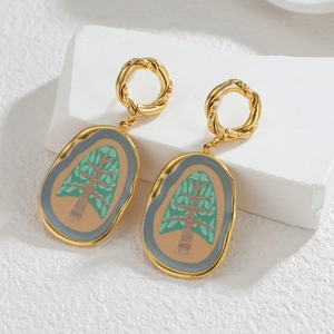 Minimalist 18k gold plated stainless steel geometric oval earrings with green tree pattern