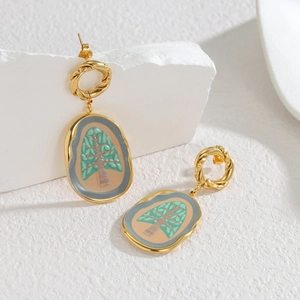 Elegant 18k gold plated stainless steel oval drop earrings with green tree enamel design