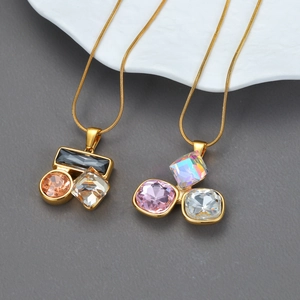 Geometric Crystal Pendant Necklace 18K Gold Plated Stainless Steel Tarnish Free Elegant Jewelry For Women
