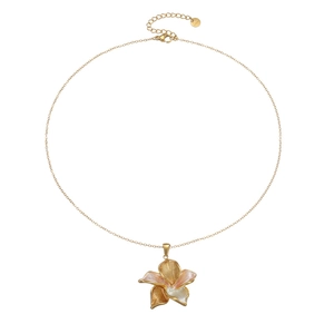 18k gold plated stainless steel floral necklace with pink enamel petals on white background