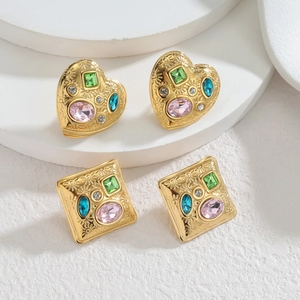 Retro 18k gold plated titanium steel heart and square earrings with colorful zircons