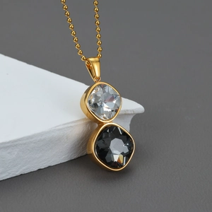 Stainless Steel Gold Plated Ball Chain Necklace With White And Smoke Grey Square Zircon Pendants Geometric Jewelry For Women
