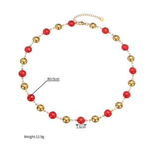 Detailed dimensions of geometric red bead and gold ball necklace with lobster clasp
